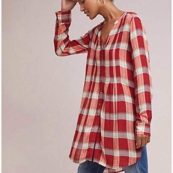 Anthropologie Akemi + Kin Lucie Plaid Tunic Red Oversized Size Small Long Line - Picture 9 of 9